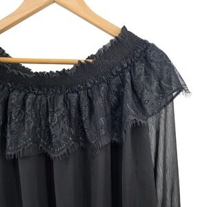 Rose+Olive Black Off Shoulder Long Sleeve‎ Ruffle Lace Smocked Blouse Top